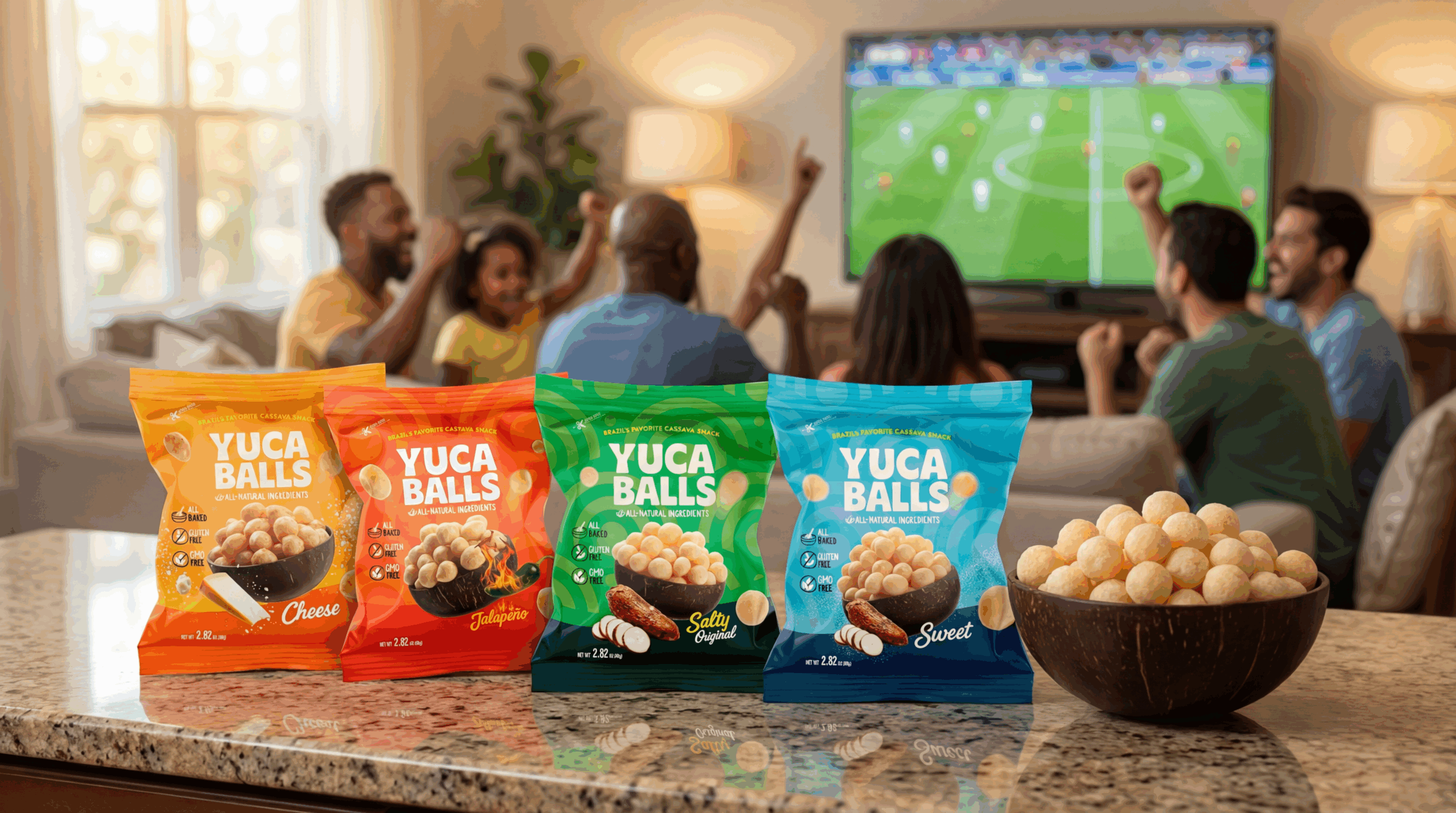 Line up of Yuca Balls Packaging